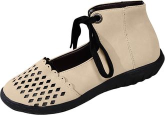 Generic Flat Shoes for Women Breathable Hollow Flats Solid Color Stylish Lightweight Lace Up Non-Slip Comfortable Walking Shoes Outdoor Leisure Beige