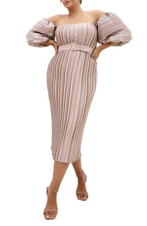 City Chic Krista Off the Shoulder Midi Dress in Champagne at Nordstrom, Size Xxxs