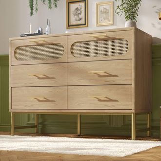 Merax Oak Rattan Chest Of Drawers Sideboards with Six Drawers in Natural