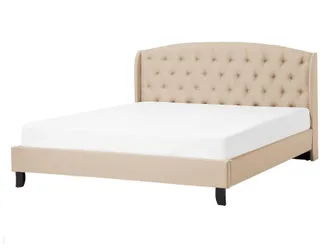 Beliani Beliani - Letto Imbottito Beige Simil Lino A Doghe Testiera Bottoni 140 X 200 Cm Bordeaux