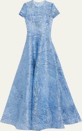 Naeem Khan Metallic Embroidered Short-Sleeve Illusion Gown