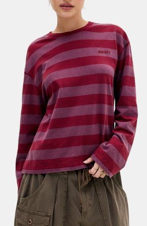 BDG Stripe Long Sleeve Boxy Cotton Top in Burgundy Stripe at Nordstrom, Size Medium