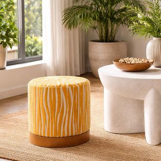 Dmora Pouf Faleli, Effetto Zebrato, Forma Rotondo, Colore Struttura Oro, 41x42x41h Cm Giallo Senape