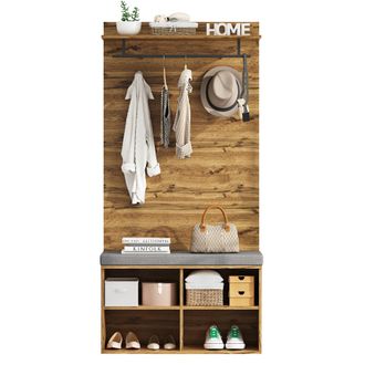STILVORA Mueble De Recibidor Con Banco Zapatero Tapizado, Barra, Estante Ajustable Y 2 Ganchos, En Madera, Roble, 84 X 35 X 175 Cm