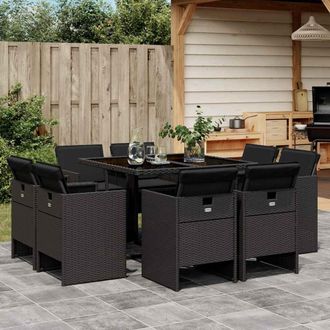 vidaXL Set De Comedor De Jard&iacute;n 9 Pzas Y Cojines Rat&aacute;n Sint&eacute;tico Negro Vidaxl