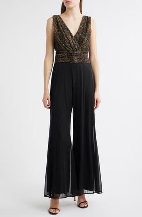 Connected Metallic Leopard Print Bodice Chiffon Jumpsuit in Black at Nordstrom Rack, Size 16