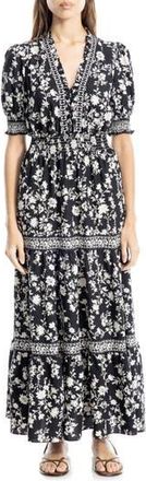 Max Studio Floral Short Sleeve Tiered Maxi Dress in Black/ivory Silhouette Vine at Nordstrom Rack, Size X-Large