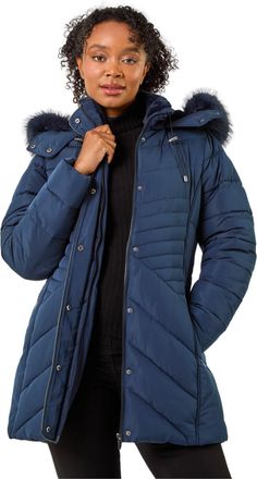 Roman Womens Petite Hooded Longline Quilted Coat - Blue - Size 14 UK