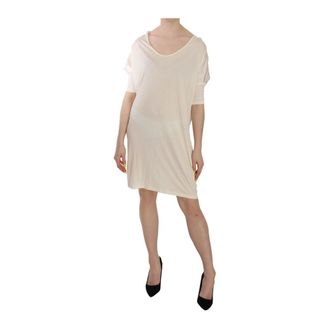 Costume National Elegante cr&egrave;mekleurige A-lijn jurk met elleboogmouwen - Dames - Korte kleedjes - Beige - M - Katoen - Kleedjes