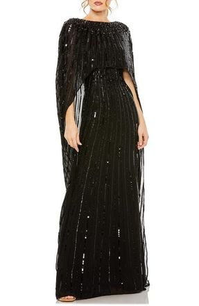 Mac Duggal Embellished Beaded Column Cape Gown in Black at Nordstrom, Size 14