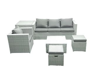 Fimous Garden Outdoor Furniture Set 6 Seater Rattan Sofa Set with 2 Small Footstools Armchair Side Table Light Grey Mixed