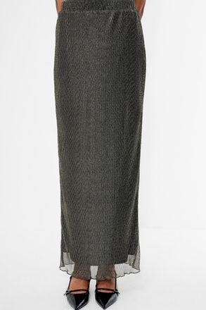 French Connection Womens Black Lurex Plisse Elasticated Waist Scalloped Hem Midi Skirt - Size X-Large