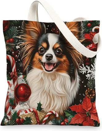Generic Christmas Papillon Dog Canvas Tote Bag for Shopping 13x15, Xmas Candy Poinsettia Puppy Reusable Grocery Print Bag for Women, Holiday Pet Beach Aesthet