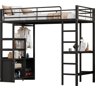 STILVORA Cama Alta 90 X 200 Cm Con Escritorio, Toma Usb, Estantes Y Almacenamiento Abierto, Sin Colch&oacute;n, De Metal, Negro