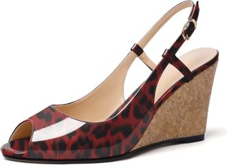 elashe Women Peep Toe High Heels Slingback Wedding Sandals Sexy Summer Leopard-Red EU41