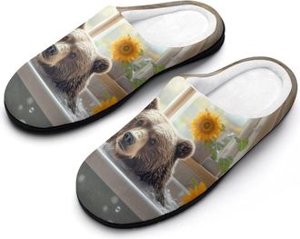 Generic Funny Bear Bathroom Sunflower Womens Slippers Warm House Slippers Indoor House Shoes with Anti-Skid Rubber Sole