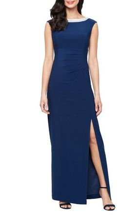 Alex Evenings Embellished Neck Sleeveless Jersey Gown in Cobalt at Nordstrom, Size 10P