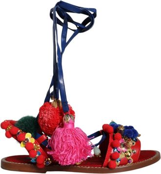 Dolce & Gabbana Multicolor Pom Pom Bont Wrap Sandalen - Dames - Sandalen - Veelkleurig - 38 EU - Katoen - Schoenen
