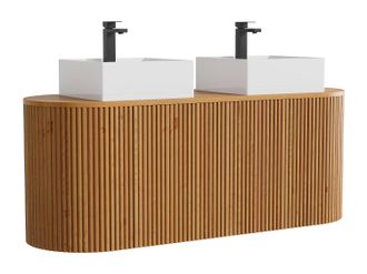 Vente-Unique Mobile Lavabo Sospeso In Teak Con Doppio Lavabo Da Appoggio Quadrato E Rubinetteria Naturale Chiaro 150 Cm - Towari