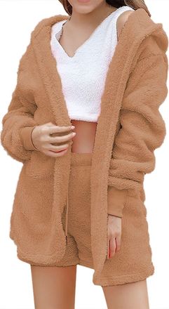Generic Womens Winter Plush Home Wear Casual 3 Piece Pajamas Long Sleeved Fluffy Hooded Jacket with Open Front Coat & Shorts & Vest Suit Fashion Keep Warm Clo