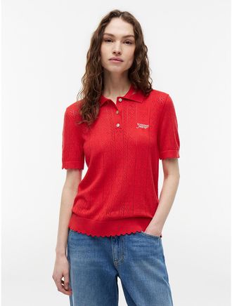 Tommy Hilfiger Womens Tommy Jeans Flag Pointelle Sweater Polo - Amaryllis Red - XS