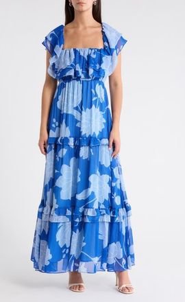 Sugarlips Floral Off the Shoulder Tiered Maxi Dress in Cobalt-Blue at Nordstrom, Size X-Large