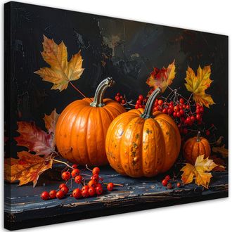 Feeby Cuadro En Lienzo, Calabazas Bayas De Serbal Naturaleza Muerta Hojas, 120x80