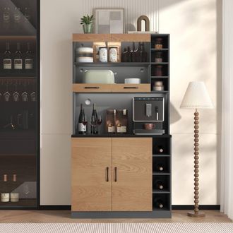 Merax Tall Kitchen Storage Cabinet Pantry with LED Open Shelves in Natural