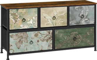 Woltu C&oacute;moda De Dormitorio Con 5 Cajones, 2 Niveles, R&uacute;stica, Marr&oacute;n Y Negra, Con Estampado De Flores Retro - Woltu