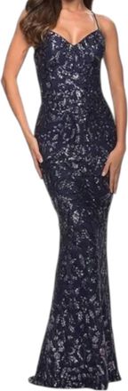 La Femme Long Sequin Gown Dress In Indigo Blue