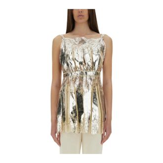 Paco Rabanne Blouses, female, Beige, Size: XS Metallic Crushed Camisole Top with Lace Trim