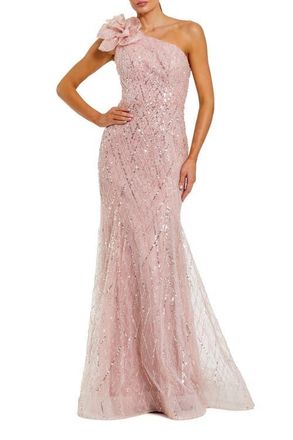 Mac Duggal One Shoulder Sequin Trumpet Gown With Flower in Rose at Nordstrom, Size 8