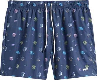 BOSS Sunfish Seashell Print Swim Trunks in Navy at Nordstrom, Size X-Large