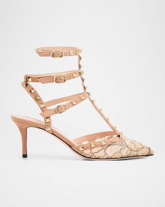 Valentino Garavani 65mm Rockstud Lace Ankle-Strap Pumps