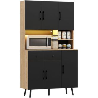 HOMCOM Alacena De Cocina Alta Con Luces Led Rgb 6 Puertas 2 Cajones Encimera Y Orificio Para Cables Negro Y Roble 100x40x176 Cm - Homcom