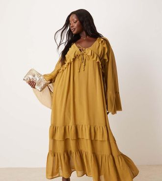 Asos Curve ASOS DESIGN Curve - Vestito lungo a maniche lunghe color oliva con lacci e scollo a V-Verde