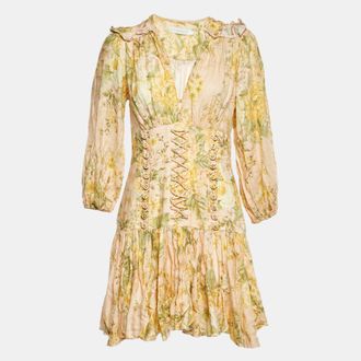Zimmermann Pink Floral Print Linen Corset Mini Dress