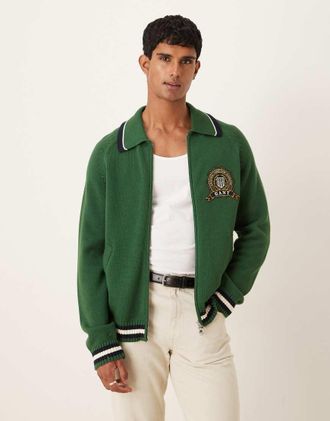 GANT Cardigan in maglia verde stile college con zip