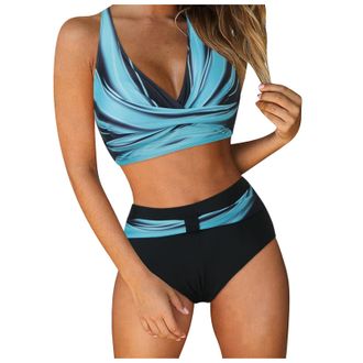 Generic Womens Two Piece Swimsuits Wrap Front Bikini High Waisted Bikini Bottom Bathing Suits with Adjustable Straps Vintage Print Swimwear Ladies Bikini Set 
