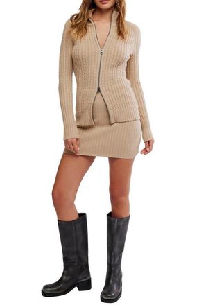 Free People Eliza Cable Zip-Up Cardigan & Rib Miniskirt Set in Smooth Stone at Nordstrom, Size X-Large