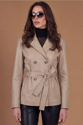 D'Arienzo Giacca in pelle color sabbia doppio petto con cintura DArienzo, Seleziona Taglia XS-S, Colore Beige