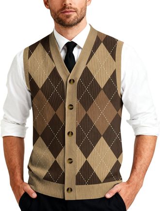 Generic Gents Cardigans Mens Sweater Vest V Neck Men Sleeveless For Vests Casual Button Down Knit Pattern Coffee M