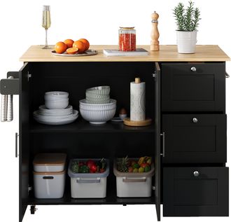 STILVORA Carrito De Cocina Con 2 Puertas, 3 Cajones, Encimera Abatible Y Ruedas Para Cocina En Mdf Negro Y Natural