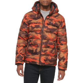 Tommy Hilfiger Mens Hooded Puffer Jacket, Orange Camo, S