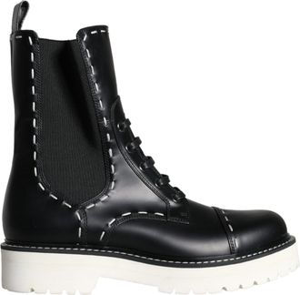 Dolce & Gabbana Black Leather Combat Mid Calf Boots Womens Shoes