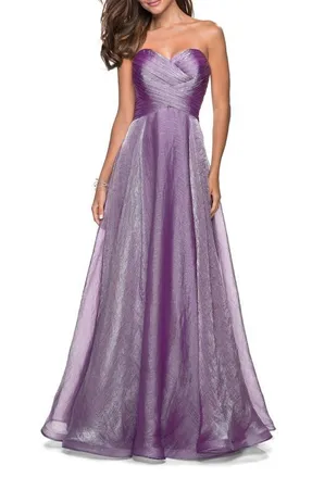 La Femme Strapless Chiffon Dress with Criss Cross Bodice Detail in Orchid at Nordstrom, Size 12