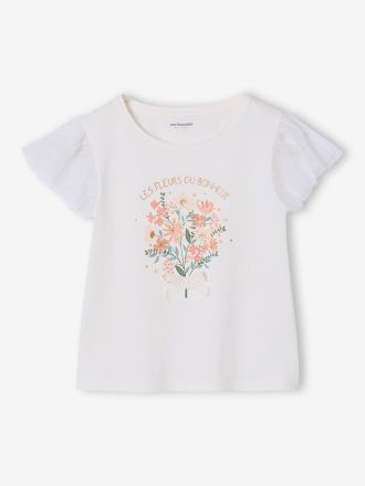 Vertbaudet T-Shirt mit T&uuml;ll&auml;rmeln und Blumenmotiv, M&auml;dchen wei&szlig;