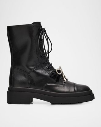 Jimmy Choo London Averi Leather Embellished Bow Combat Boots