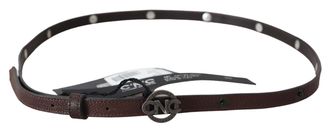 Costume National Womens Brown Skinny Leather Round Logo Buckle Belt
