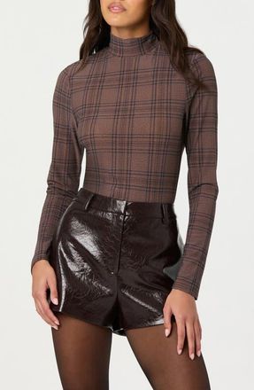 ASTR the Label Lida Mock Neck Long Sleeve Top in Brown Plaid at Nordstrom, Size Large